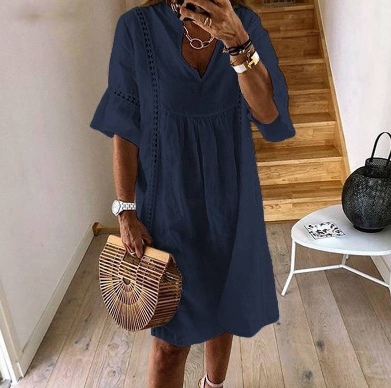 Women's V-Neck Flared Sleeve A-Line Mini Dress – Lace Stitching