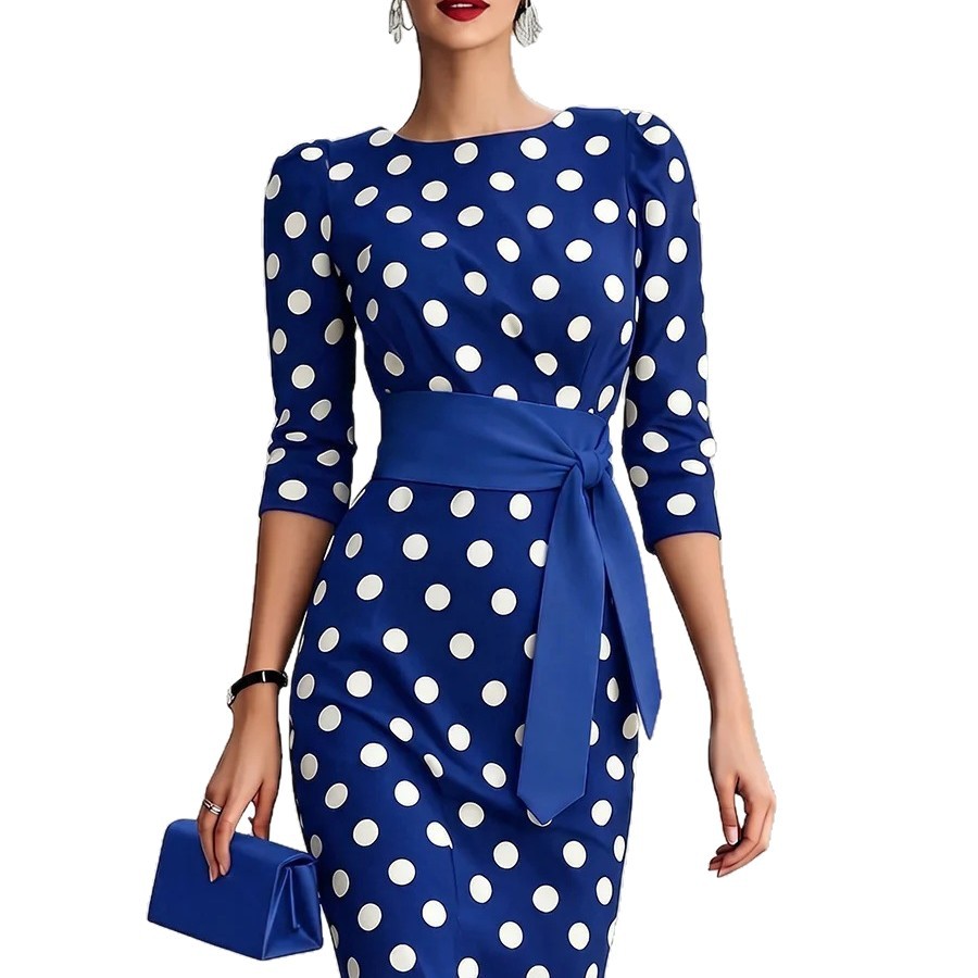 Women's Retro Polka-Dot Bodycon Midi Dress – Belted Cross-Tie