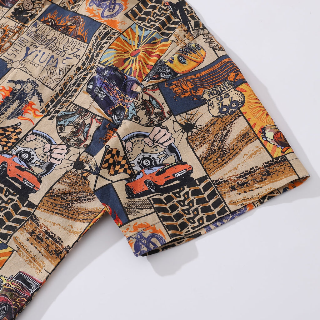 Men's Hawaiian Shirt Fire and Racing Cotton Button-down Short Sleeve Aloha Shirt