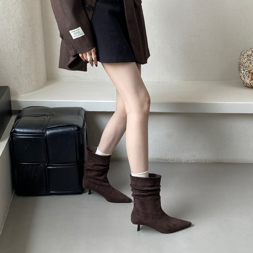 Pointed Toe Mid-Calf High Heel Boots for Women