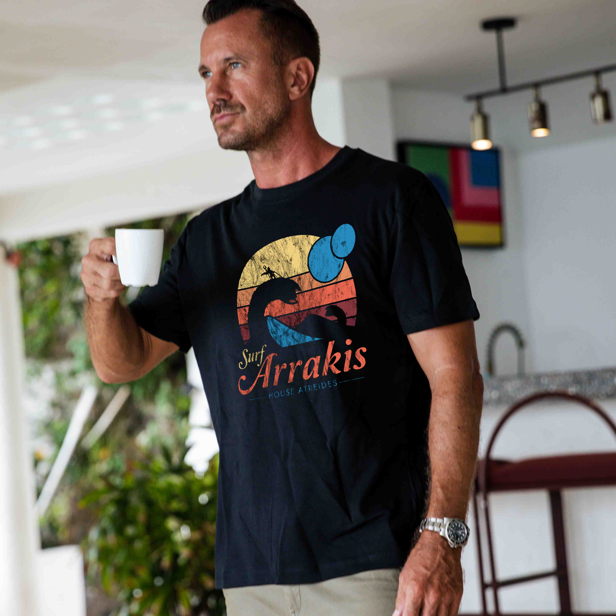 Hawaiian Tee For Men Vintage Distressed Surf Tee Crew Neck 100% Cotton - BLACK